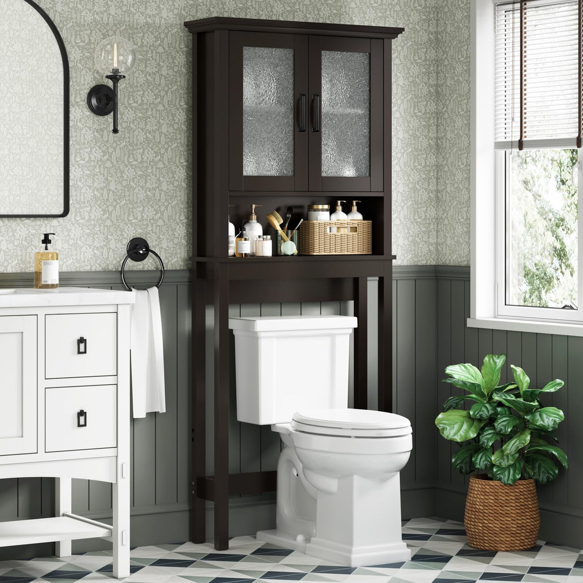 Over Toilet Storage Cabinet with Glass Doors and Adjustable Shelf N7517
