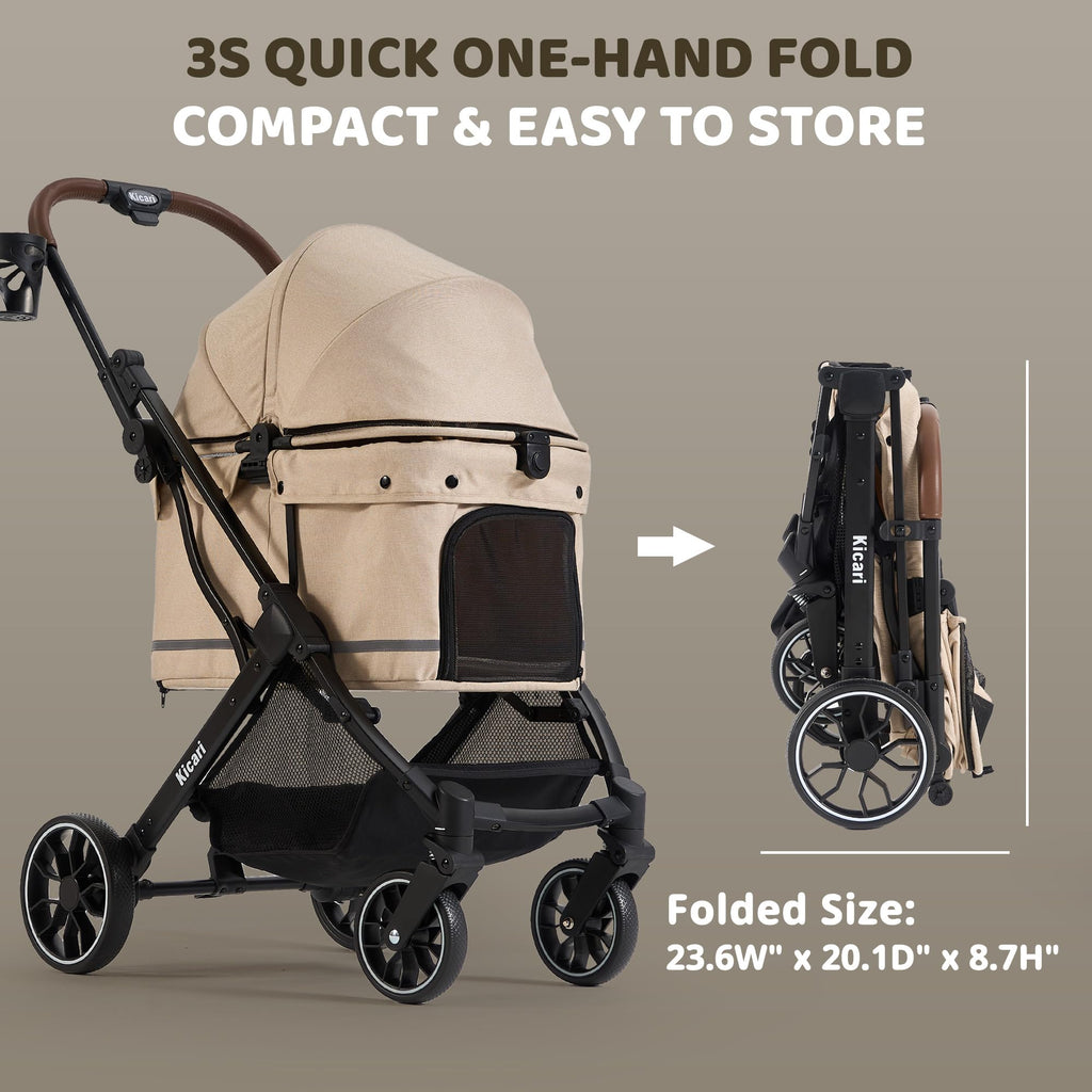 All-Terrain Dog Stroller, One-Hand Fold, Anti-UV Waterproof Canopy, Vanilla Beige L9039