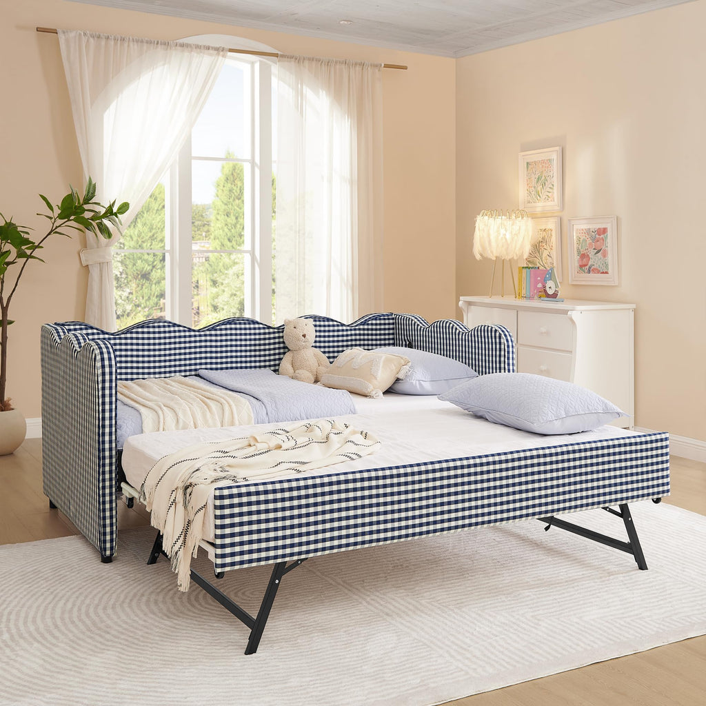 Twin Linen Upholstered Daybed with Pop Up Trundle and USB Port Y565
