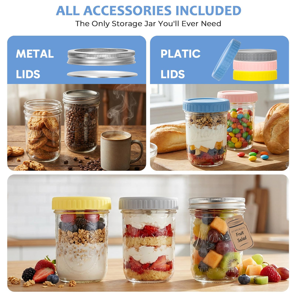 16oz 6-Pack Wide Mouth Glass Mason Jars with Airtight Lids V1386