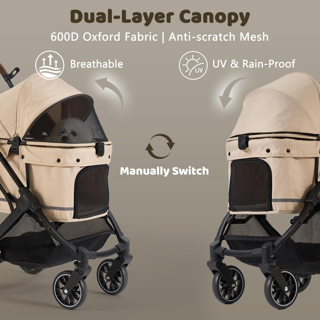 All-Terrain Dog Stroller, One-Hand Fold, Anti-UV Waterproof Canopy, Vanilla Beige L9039