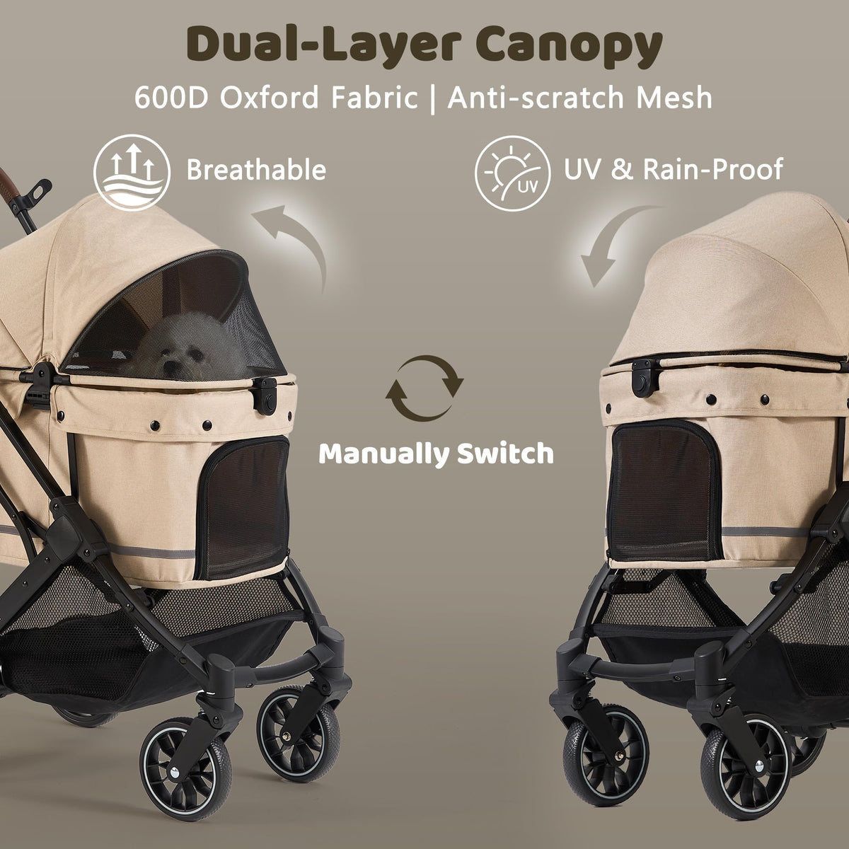 All-Terrain Dog Stroller, One-Hand Fold, Anti-UV Waterproof Canopy, Vanilla Beige L9039