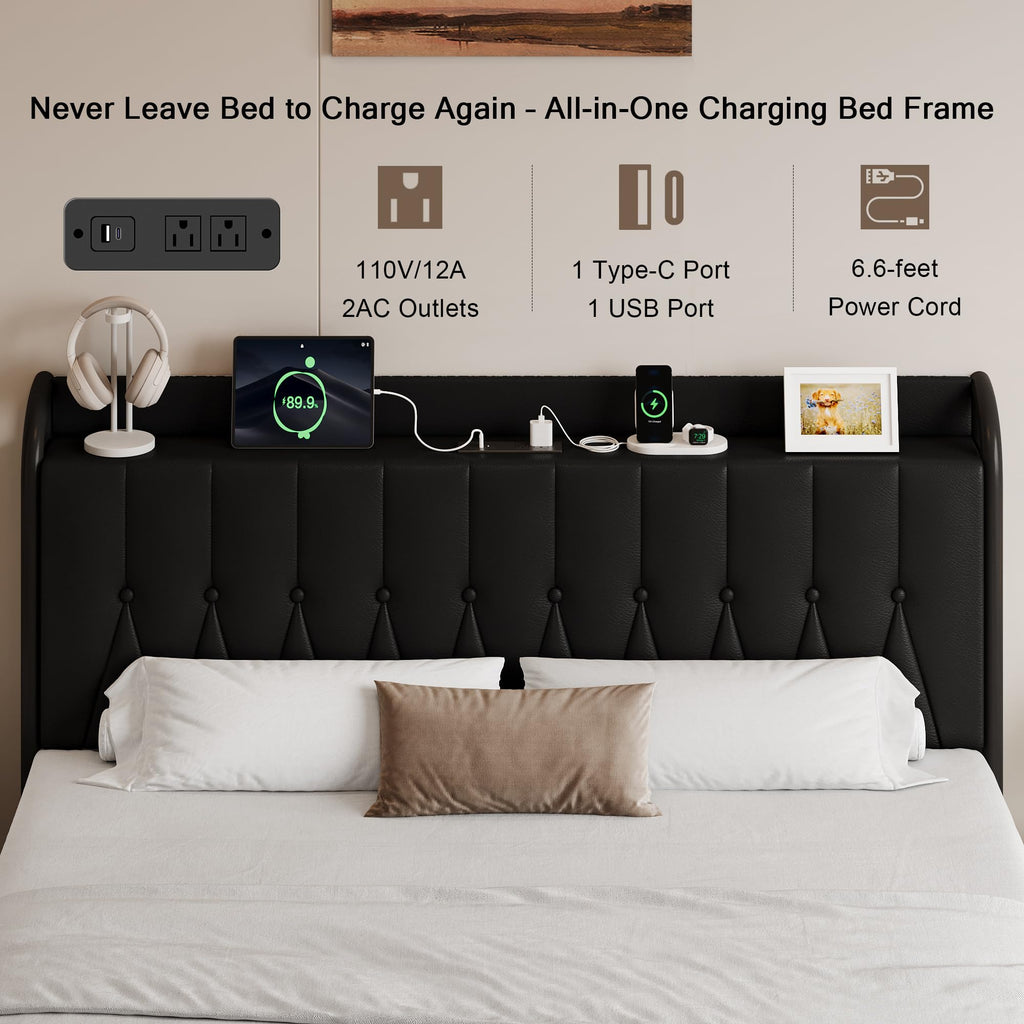 Black Full Size Platform Bed Frame with Faux Leather Upholstered Storage Headboard Q165
