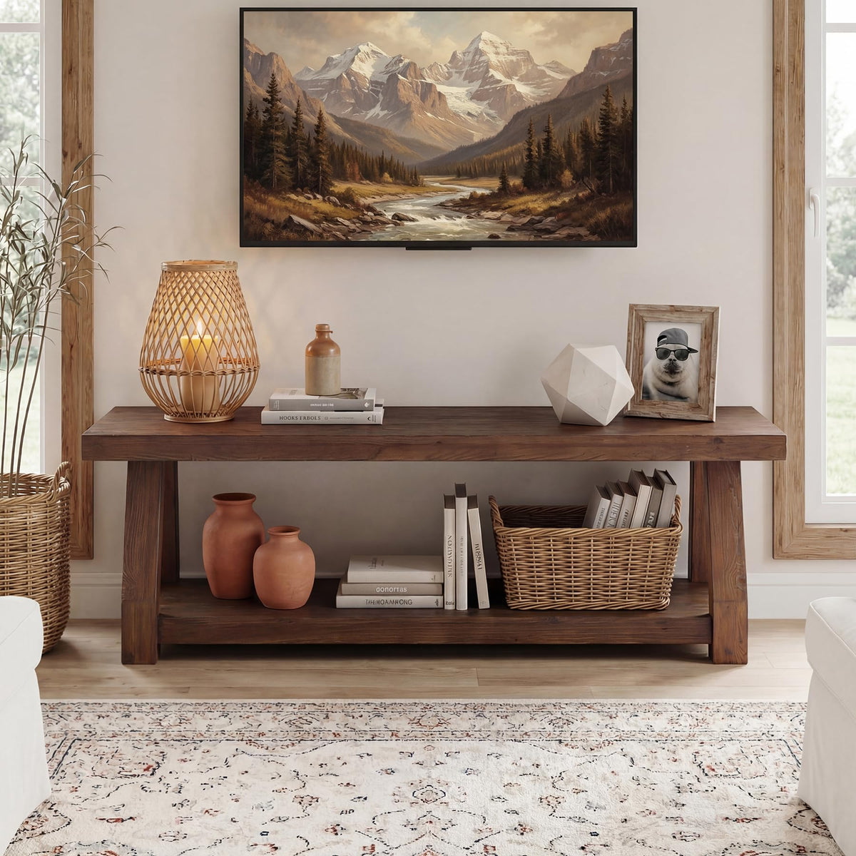 Solid Wood TV Stand, 2-Tier Media Console with Open Storage, Walnut Brown K679605