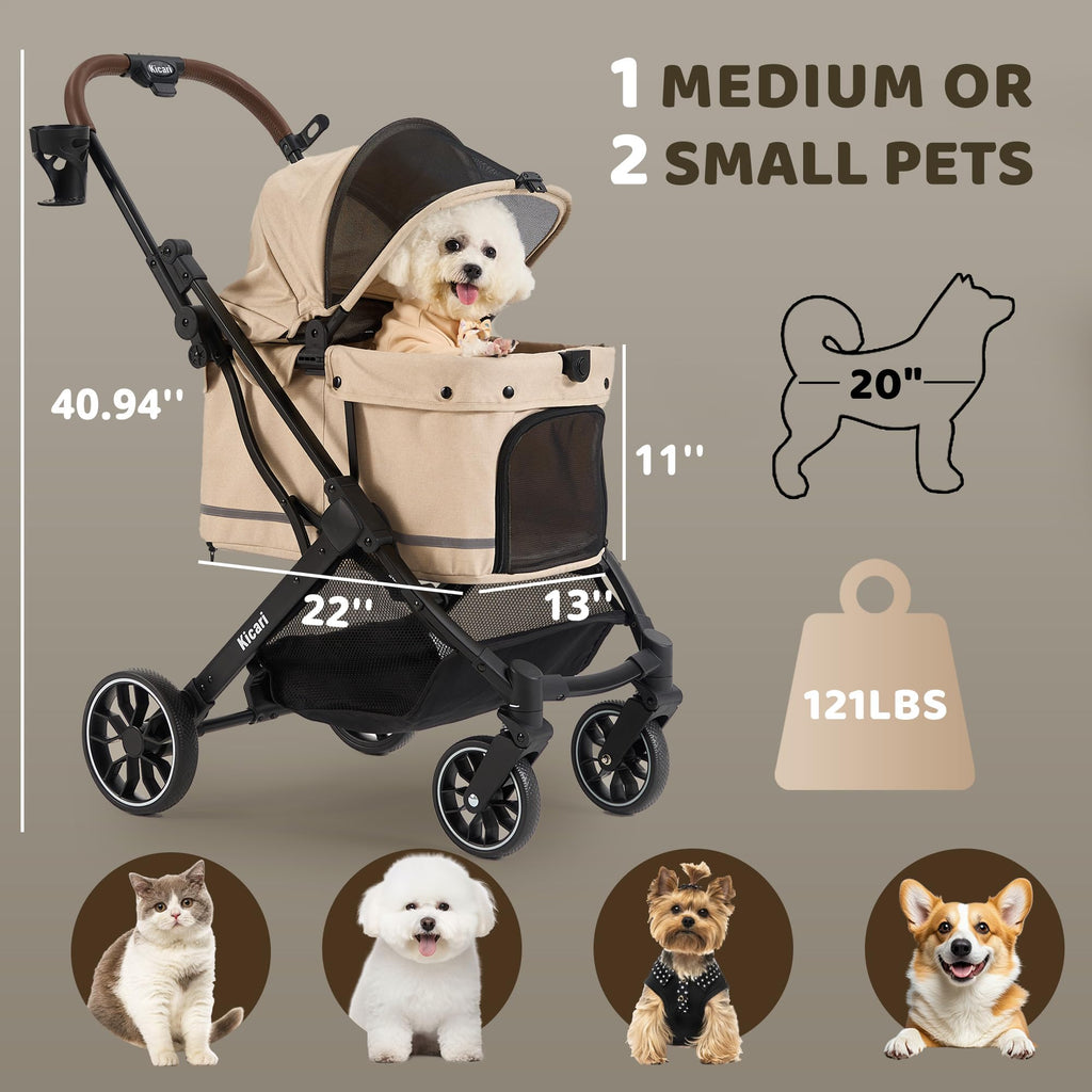All-Terrain Dog Stroller, One-Hand Fold, Anti-UV Waterproof Canopy, Vanilla Beige L9039