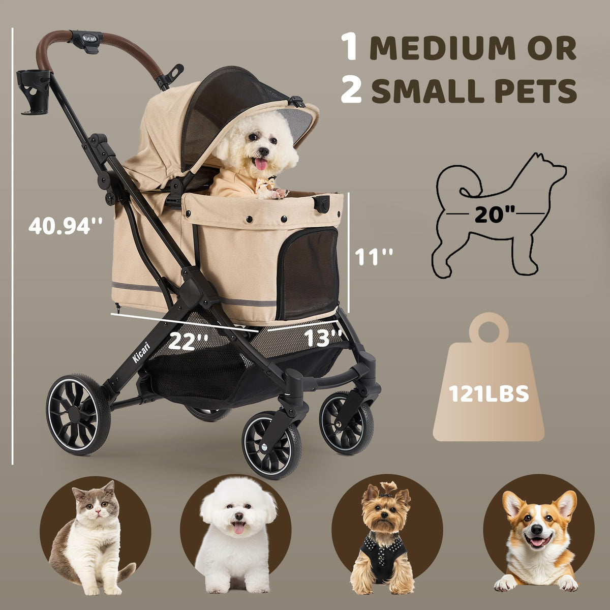 All-Terrain Dog Stroller, One-Hand Fold, Anti-UV Waterproof Canopy, Vanilla Beige L9039