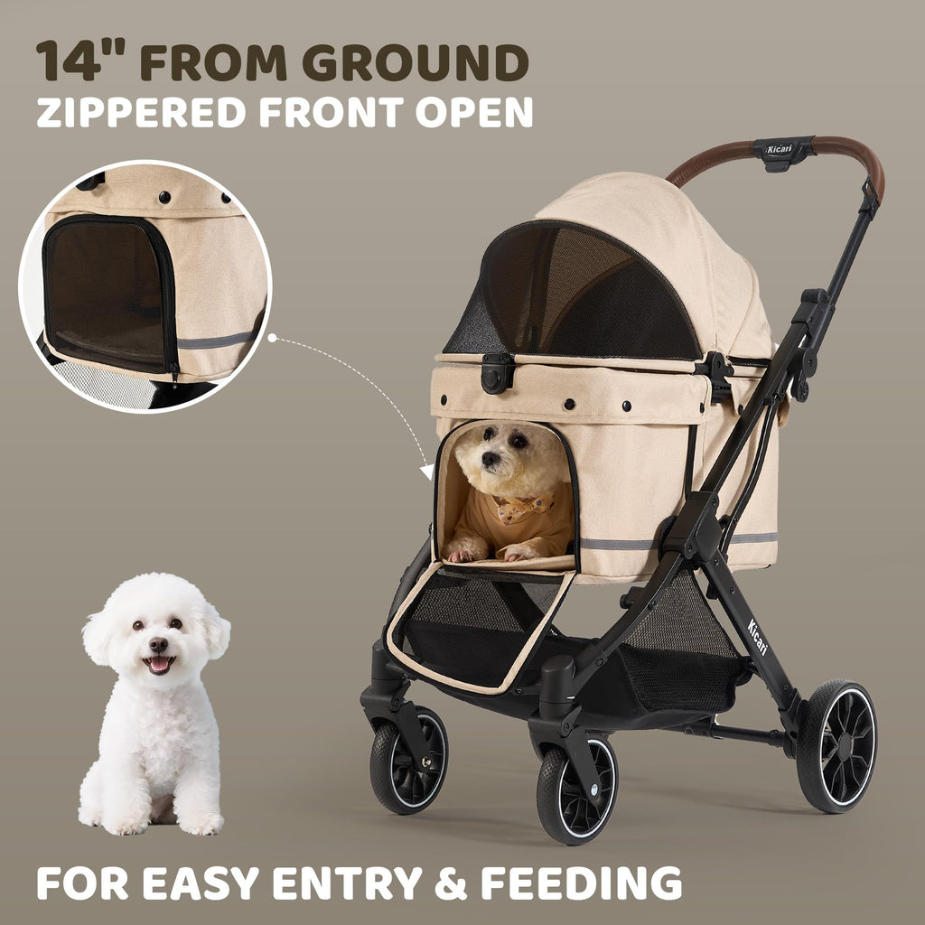 All-Terrain Dog Stroller, One-Hand Fold, Anti-UV Waterproof Canopy, Vanilla Beige L9039