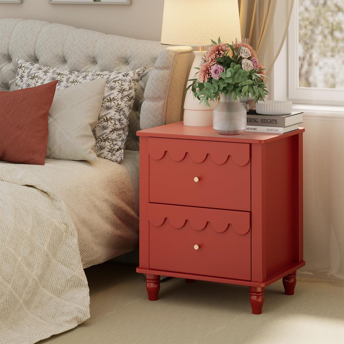 Red 2 Drawer Nightstand with Solid Wood Legs H491