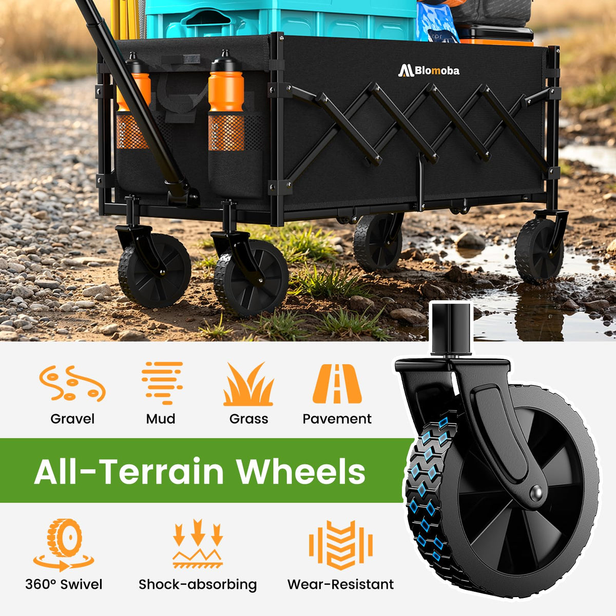 35" Extra Long Folding Wagon with Adjustable Handle & Wheels, Black L383
