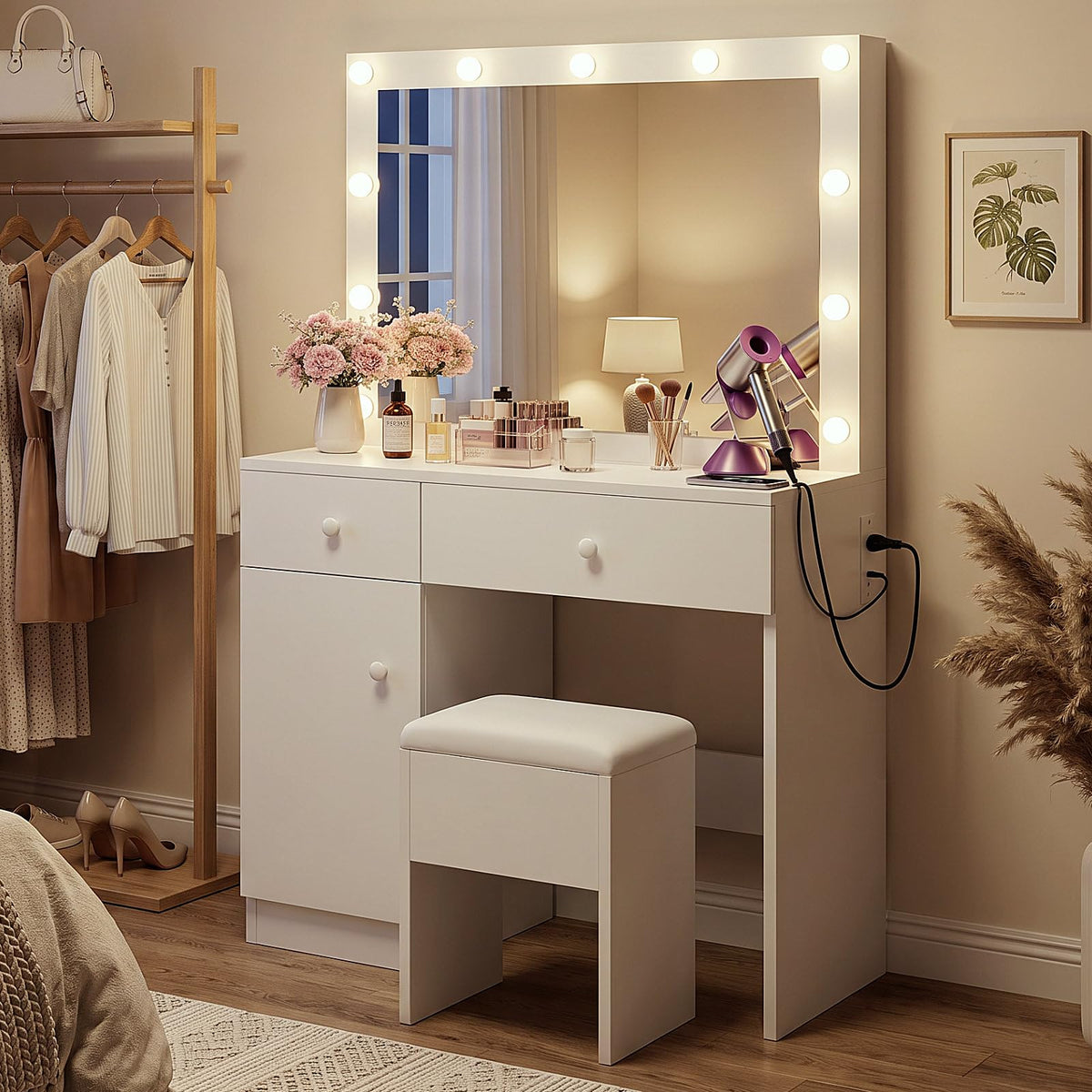 White Makeup Vanity Desk with Lighted Mirror and Chair Set S92776