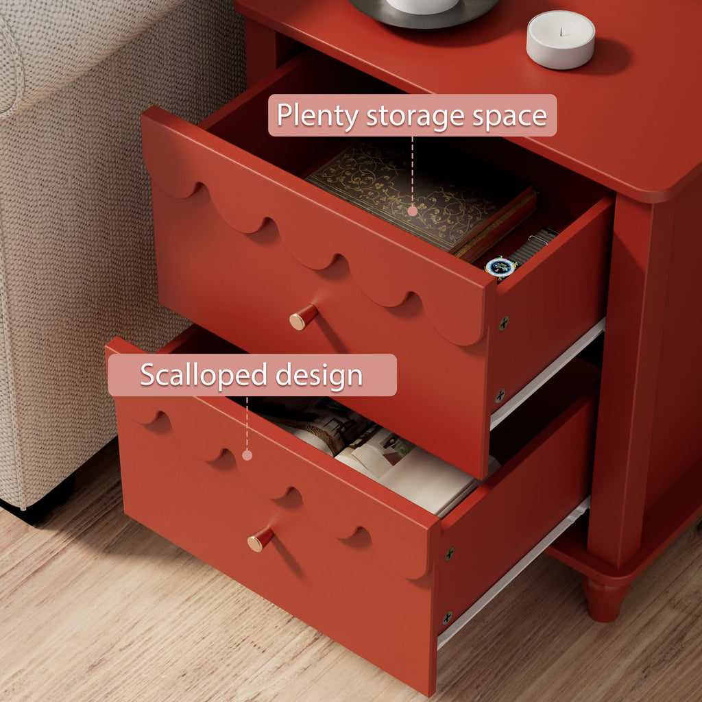 Red 2 Drawer Nightstand with Solid Wood Legs H491