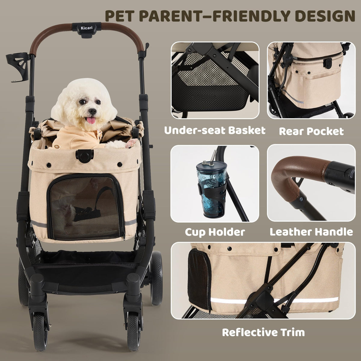 All-Terrain Dog Stroller, One-Hand Fold, Anti-UV Waterproof Canopy, Vanilla Beige L9039