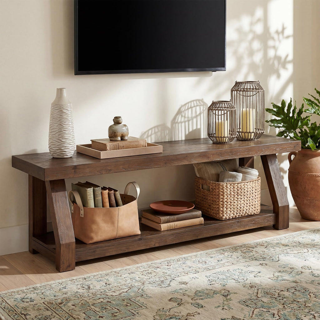 Solid Wood TV Stand, 2-Tier Media Console with Open Storage, Walnut Brown K679605