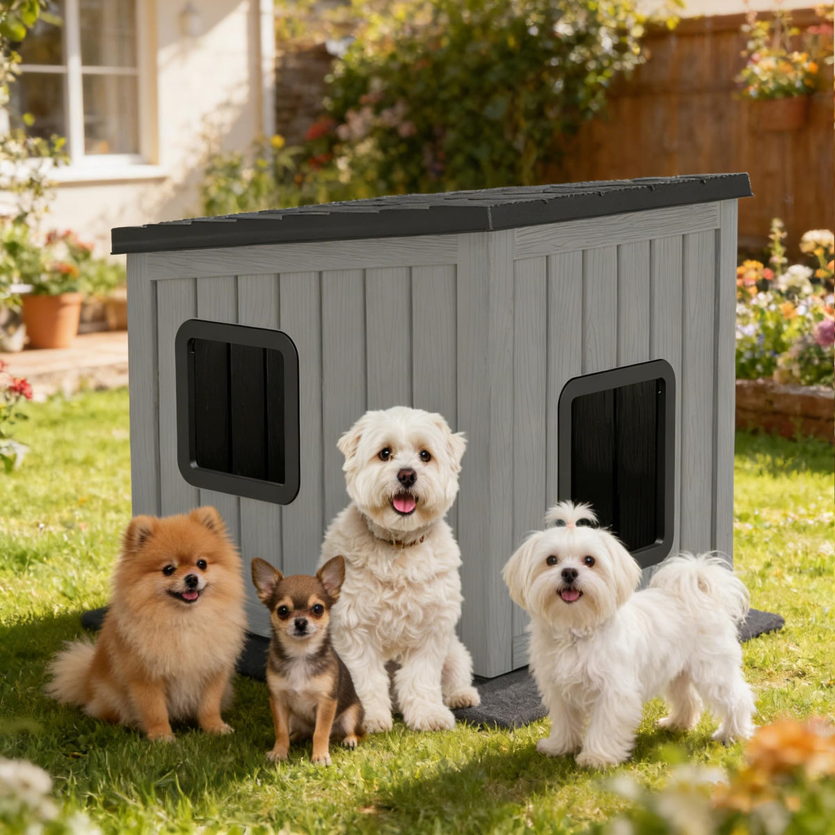 Weatherproof PP Plastic Dog House with Sloped Roof T274141