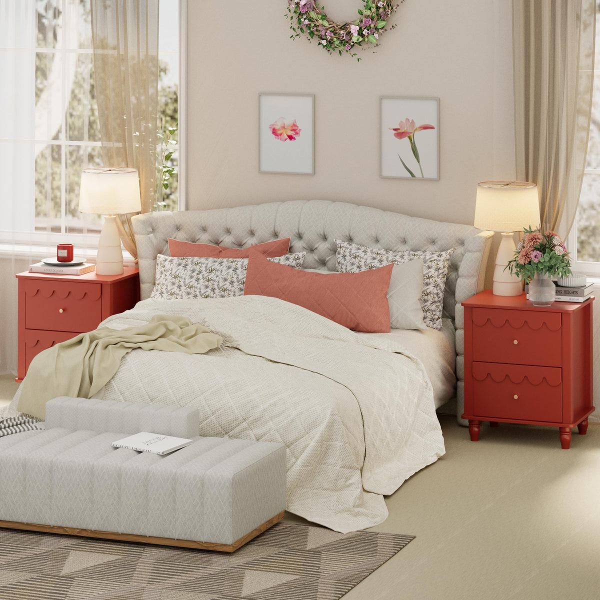 Red 2 Drawer Nightstand with Solid Wood Legs H491