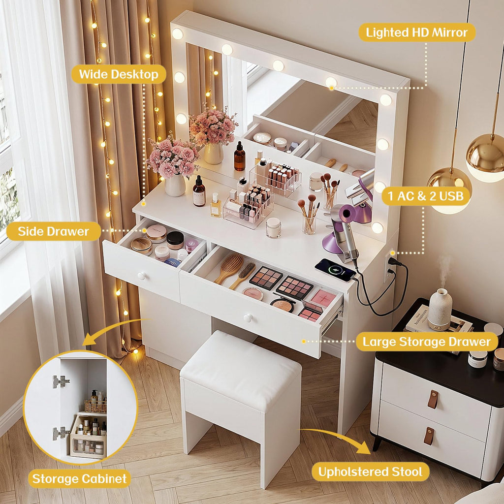 White Makeup Vanity Desk with Lighted Mirror and Chair Set S92776