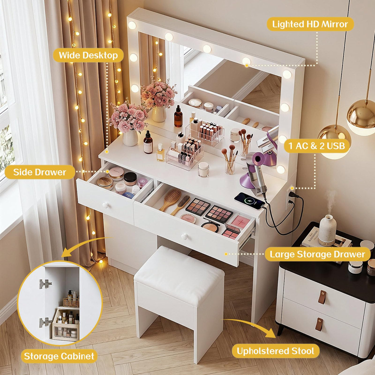 White Makeup Vanity Desk with Lighted Mirror and Chair Set S92776