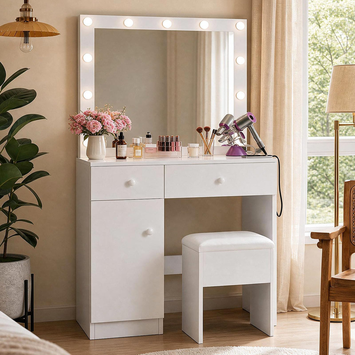 White Makeup Vanity Desk with Lighted Mirror and Chair Set S92776