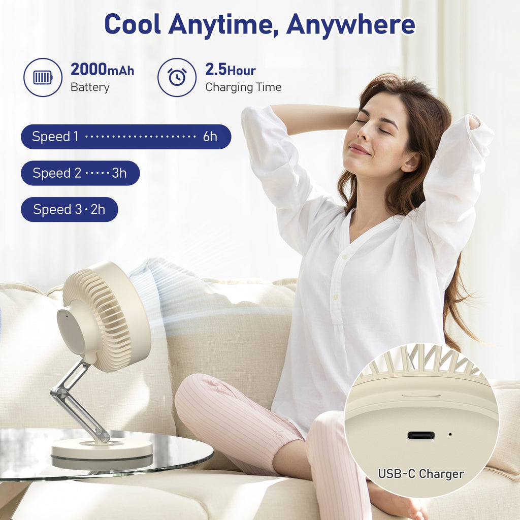 Small Quiet Table Fan with Metal Stand 3 Speed 2000mAh Rechargeable X185529