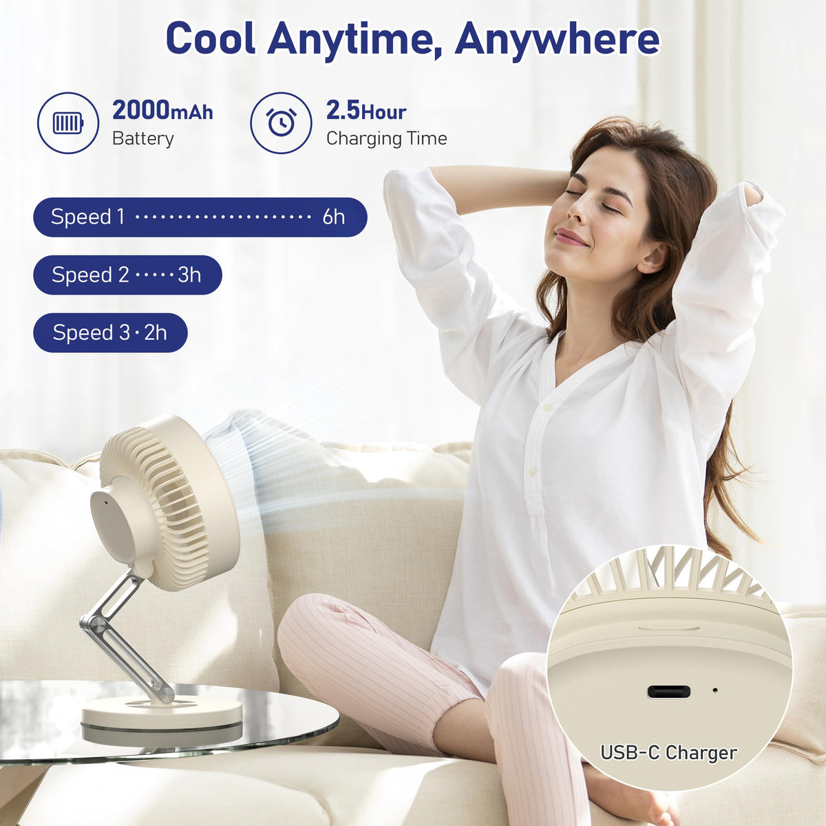 Small Quiet Table Fan with Metal Stand 3 Speed 2000mAh Rechargeable X185529