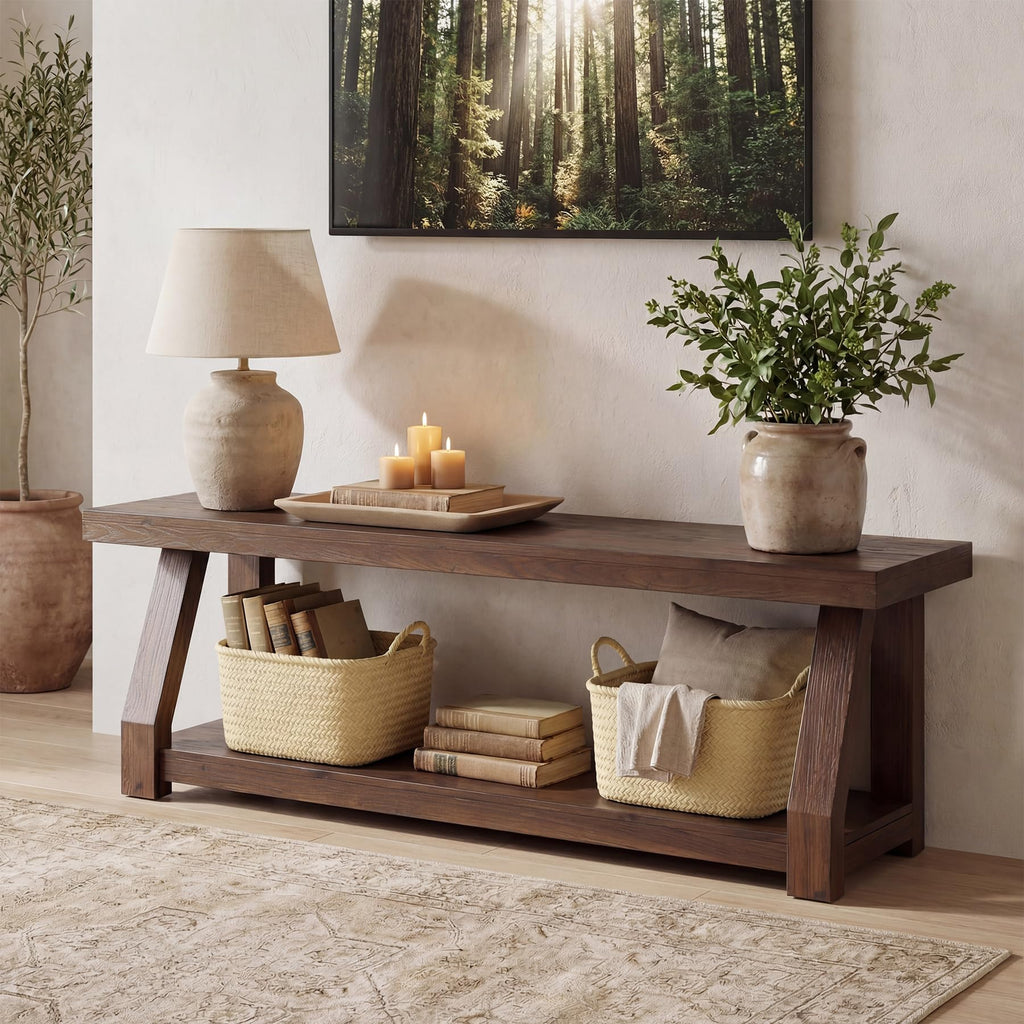 Solid Wood TV Stand, 2-Tier Media Console with Open Storage, Walnut Brown K679605