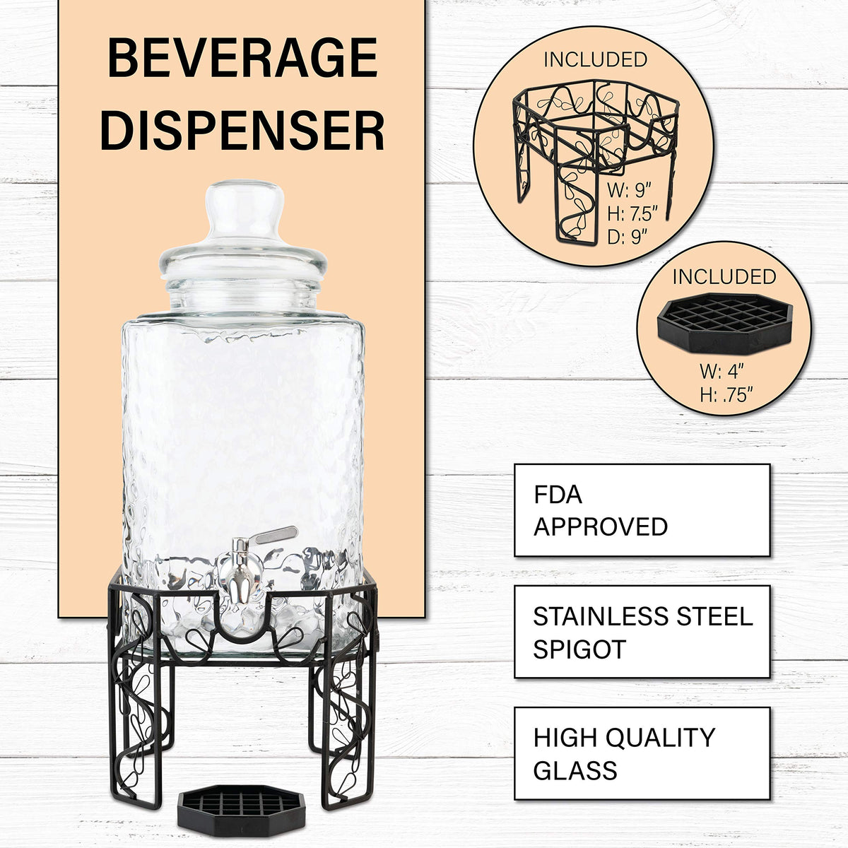 2.5 Gallon Glass Beverage Dispenser with Stainless Steel Spigot F72115