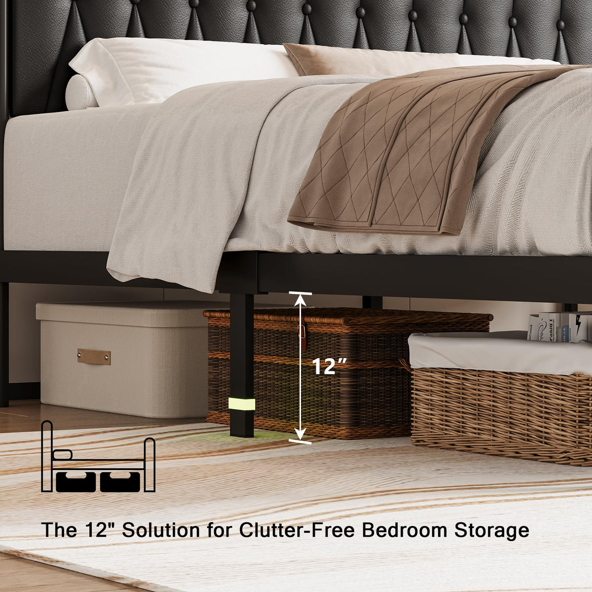 Black Full Size Platform Bed Frame with Faux Leather Upholstered Storage Headboard Q165