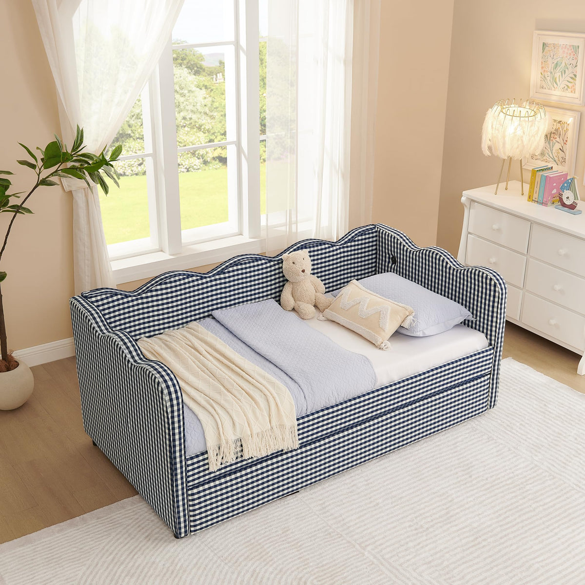 Twin Linen Upholstered Daybed with Pop Up Trundle and USB Port Y565